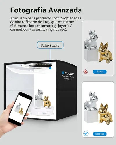 Vista 6 de Caja de luz de estudio fotográfico mini de Puluz, kit de tienda de fotos portátil, carpa plegable para fotografía con CRI >95, 104 luces LED y 6
