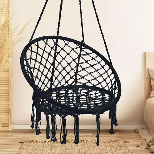 Vista 9 de Garpans Hamaca de macramé, estilo bohemio, hamaca con borlas, columpio colgante hecha a mano, cuerda de algodón tejida a mano para interiores y Beige