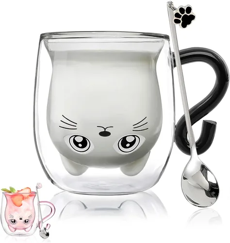 Vista 8 de Binoster Tazas Lindas de Oso Kawaii de Vidrio de Doble Pared para Café y Té, Taza de Yogur Divertida, Regalo Novedoso para Mujeres, Sus Amigas