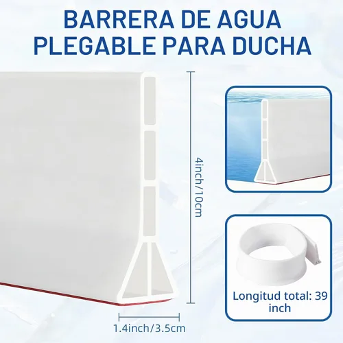 Vista 2 de Presa de agua de umbral de ducha de 4 pulgadas de alto, protector de salpicaduras de agua de ducha plegable de 39 pulgadas de largo, barrera
