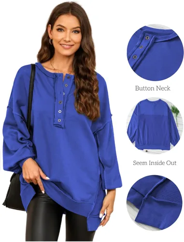 Vista 21 de AlvaQ - Sudadera de gran tamaño para mujer, informal, de manga larga, con botones y cuello Henley, tipo túnica
