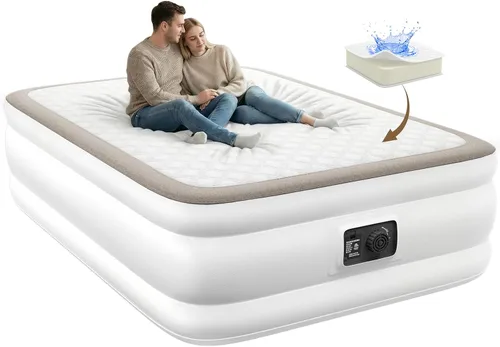 Vista 13 de YENING Colchón de aire tamaño completo con bomba incorporada, cama elevada doble inflable, cama de aire hinchable para camping eléctrico de 18 Beige