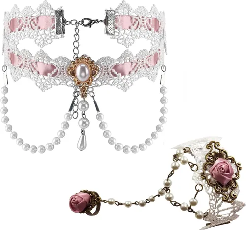 Vista 7 de Conjunto de Gargantilla, Pulsera y Anillo para Mujer, Collar de Encaje Gótico Vintage con Colgante de Abalorios, Joyería A: blanco