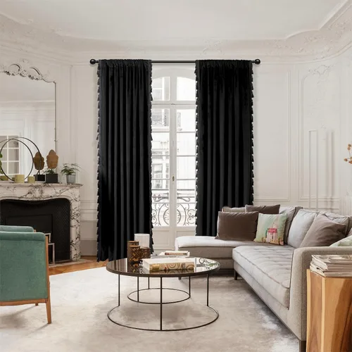 Vista 7 de Fazhesici Cortinas opacas de terciopelo negro de 63 pulgadas de largo para ventanas, cortinas con bolsillo para barra con borlas, cortinas térmicas