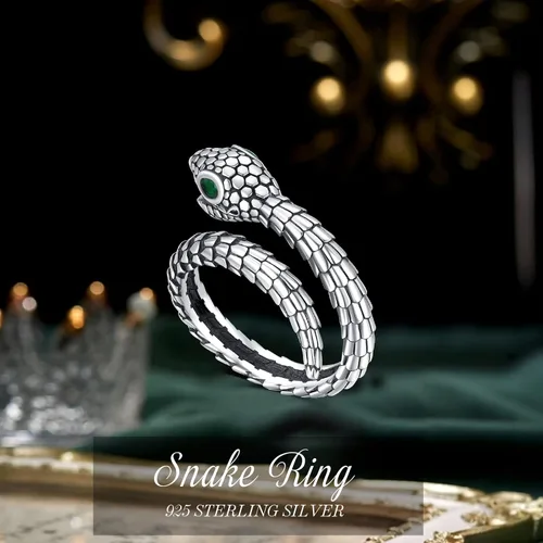 Vista 3 de OHAYOO Anillo de plata de ley 925 con diseño de serpiente 3D, ajustable, estilo gótico, estilo punk, retro, personalidad alrededor de serpiente