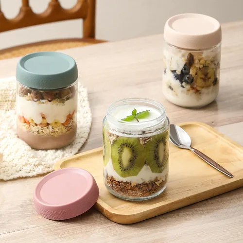 Vista 6 de NETANY Paquete de 4 tarros de vidrio de 16 onzas con tapas herméticas, recipientes de avena con tapas, tarros de ensalada Mason de boca ancha
