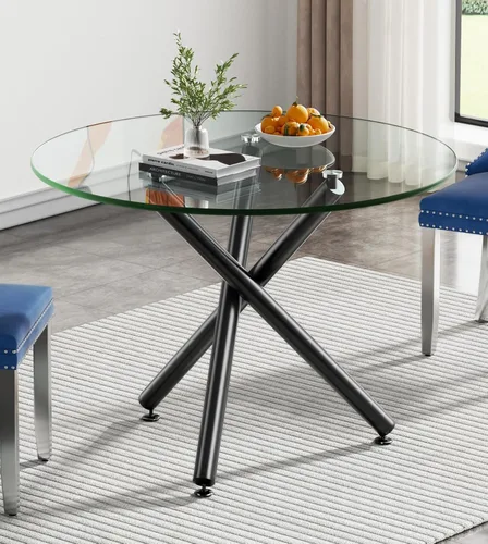 Vista 19 de Mesa de comedor redonda, mesa de cocina de vidrio de 36 pulgadas para 4 personas, mesa de comedor de vidrio templado con patas de metal plateadas