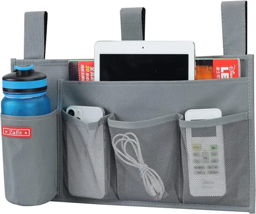 Vista 8 de Zafit Organizador colgante para mesita de noche, organizador de almacenamiento para revistas, teléfono, control remoto (4 bolsillos, negro)