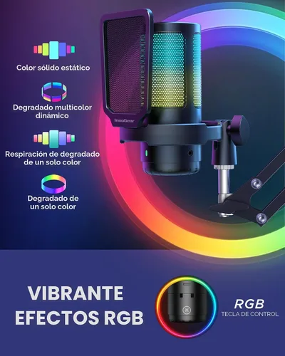 Vista 5 de InnoGear - Micrófono USB para juegos, micrófono condensador con cancelación de ruido, silencio, ganancia, indicador RGB, soporte de brazo de boom