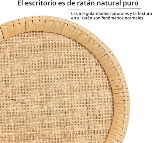 Vista 5 de Mesa auxiliar redonda de ratán pequeña para espacios pequeños, mesa auxiliar circular bohemia con patas de madera maciza para sala de estar, mesa