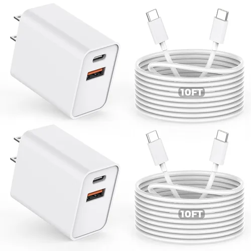 Vista 10 de Cable de carga rápida de 3 metros para iPhone 17/16e, paquete de 2 adaptadores Apple QC de 20 W con 2 puertos USB A+C y cable de carga rápida USB C