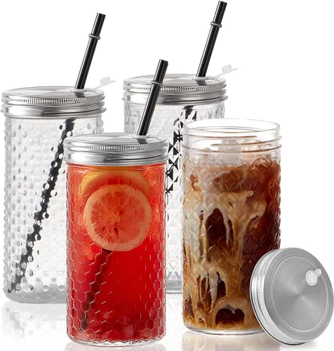 Vista 7 de Hyperspace Paquete de 4 vasos de vidrio con tapas y pajitas de bambú, 24 onzas de boca ancha, botellas de viaje con variedad de patrones para uso