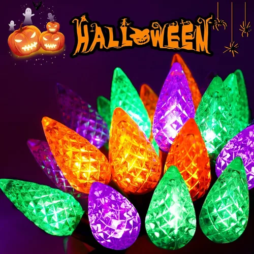 Vista 4 de C6 Solar Halloween Lights Outdoor 16FT 50 LED String Lights Orange Purple 8 Modes, Memory Function, Auto On/Off, Waterproof Solar Twinkle Lights