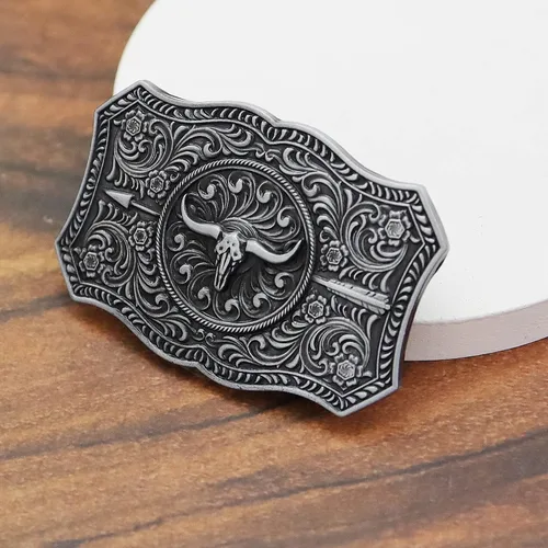 Vista 10 de RechicGu Hebilla de cinturón ovalada de calavera de toro de cuerno largo, cuentas de madera turquesa nativa americana, hebillas de vaquero
