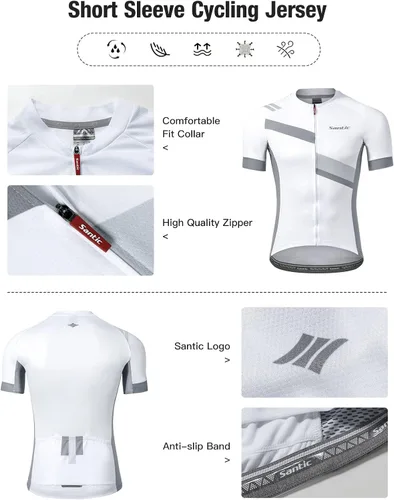 Vista 4 de Santic Camiseta de ciclismo para hombre, manga corta, camiseta de ciclismo de carretera, con cremallera completa, UPF 50+, MTB con bolsillos