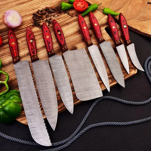 Vista 4 de Cuchilla de acero de damasco hecha a mano personalizada Cuchillos de cocina profesionales 8 PCS cuchillo de cocina de chef conjunto con bolsa