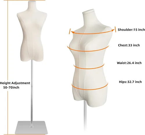 Vista 2 de Maniquí femenino con cuerpo de maniquí con soporte de metal plateado desmontable para ropa, vestido y joyería, altura ajustable de 50 a 70 pulgadas