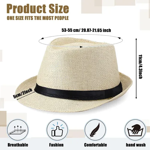 Vista 2 de Paquete de 8 sombreros de paja Panama Trilby Fedora con cinturón de cuero, sombreros de paja de ala corta, sombrero de playa de verano para hombres