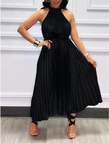 Vista 2 de Vestido largo plisado para mujer, sin mangas, vestido de cóctel largo con vuelo, vestido de playa con cinturón