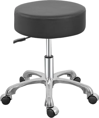 Vista 9 de Silla redonda con respaldo, acolchado grueso y resistente, taburete giratorio con ruedas, taburete ajustable con ruedas (con respaldo, negro)