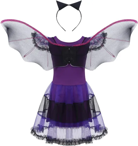 Vista 2 de RUNQHUI Disfraz de murciélago vampiro para Halloween y niñas, vestido de princesa con diadema de ala