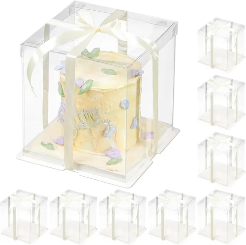 Vista 13 de 24 cajas de regalo transparentes con cinta de 2 capas de 6.7 x 6.7 x 7.8 pulgadas, caja transparente para tartas con tapas, cajas de embalaje