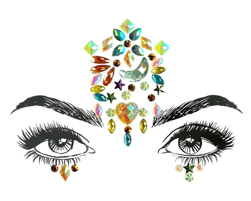 Vista 4 de Joyas musicales de rubí para la cara, gemas de cristal rave, tatuajes de fiesta con purpurina (8 piezas)
