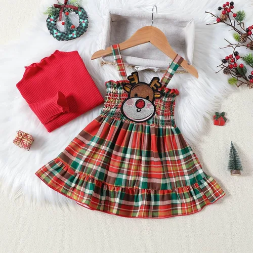 Vista 5 de Vestido de Navidad para niñas pequeñas, con base roja, lazo grande, a cuadros, ropa de bebé