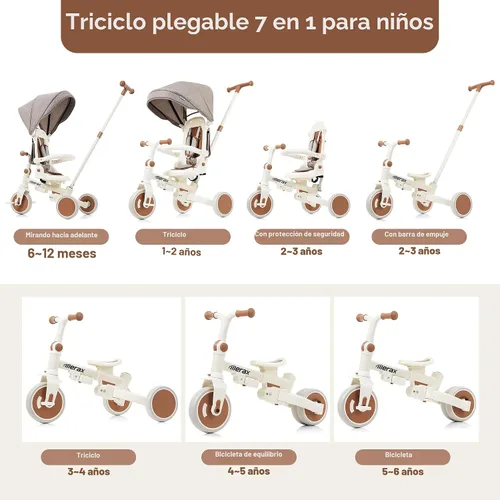 Vista 3 de Triciclo todo terreno 7 en 1 para niños, cochecito plegable para niños pequeños, mango de empuje ajustable