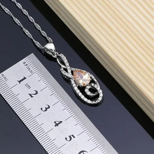 Vista 5 de Juego de joyas de boda para mujer, topacio champán, plata 925, aretes largosdijecollaranillopulsera de moda