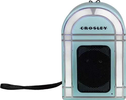 Vista 12 de Crosley CR3046A-AB Mini Jukebox Altavoz Bluetooth portátil con luces LED y micrófono, azul aguamarina