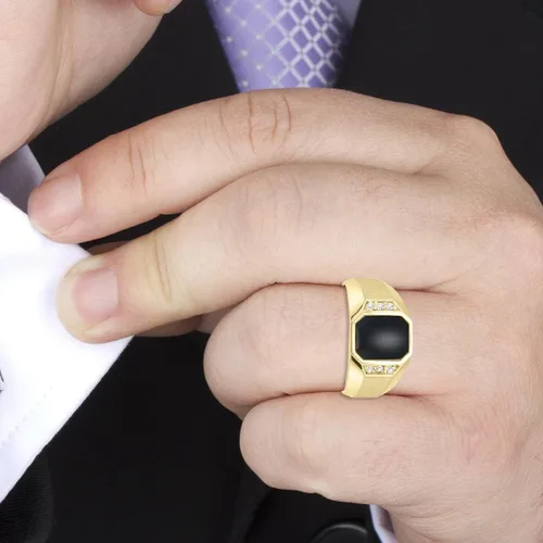 Vista 4 de SZUL Anillo de oro amarillo de 10 quilates con ónix y diamantes para hombre