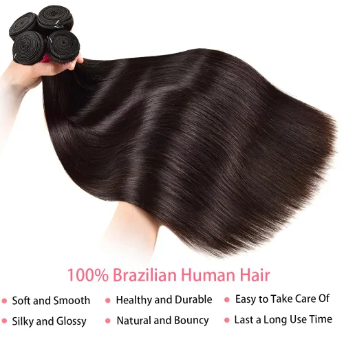 Vista 4 de Manojos lisos de cabello humano, 4 manojos de cabello humano liso de 18, 20, 22, 24 pulgadas, 100% sin procesar, extensiones de cabello virgen Negro