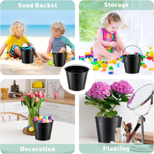 Vista 7 de Rtteri 24 cubos pequeños de metal con asa, mini cubetas a granel para lápices para aula, graduación, fiestas, canastas de hierro para flores de Negro