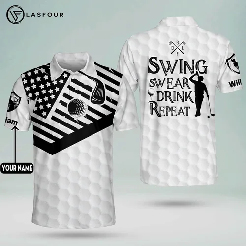 Vista 6 de LASFOUR Camisas de golf divertidas con nombre personalizado para hombres, camisas de golf de manga corta, swing Swear Drink Repeat American Polo