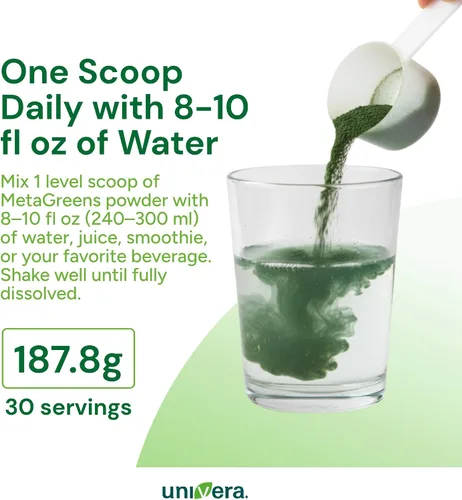 Vista 4 de Univera Metagreens, polvo de mezcla de superalimentos verdes, mezcla de batidos con espirulina orgánica, antioxidantes vitales, alcalinizar