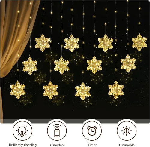 Vista 3 de BLOOMWIN Luces de ventana de decoración de Navidad de 10 pies, 12 copos de nieve, luces de carámbano, luces USB de cortina de Navidad