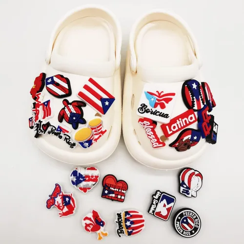 Vista 4 de 25 dijes de Puerto Rico para zapatos, sandalias de burbujas, zuecos, zapatos boricua puertorriqueños para mujeres, hombres, adultos y niñas, rojo