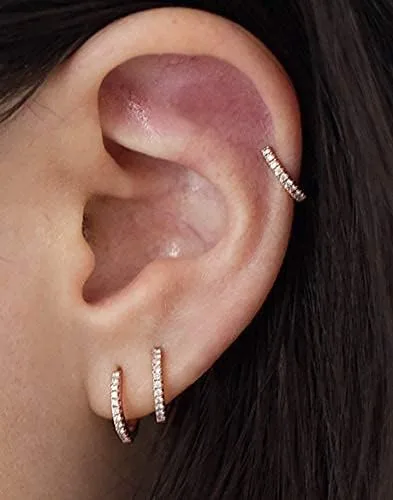 Vista 6 de 3 pares de aretes de aro pequeños de plata de ley con circonita cúbica Aretes de aro pequeños para cartílago para mujer