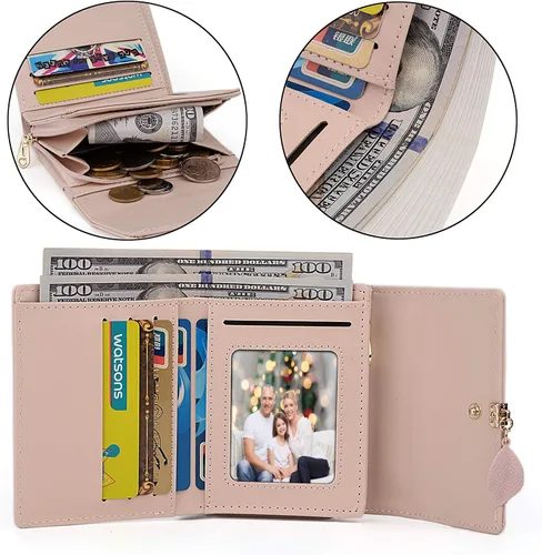 Vista 97 de UTO - Cartera pequeña RFID de piel sintética con dije de hoja, cierre de cremallera y tarjetero.