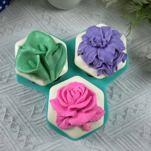 Vista 6 de Molde de jabón hexagonal para alivio de flores, 3 cavidades, molde de silicona para jabón natural, vela perfumada, cera de chocolate, mousse