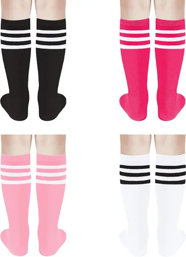 Vista 3 de UTTPLL 4 pares de calcetines de fútbol para niños y niñas, calcetines deportivos de béisbol, uniforme a rayas, hasta la rodilla, calcetines largos