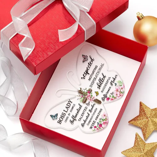 Vista 5 de Barydat Regalos de jefa de acrílico para mujeres Citas inspiradoras Regalos de oficina para mujeres Pesos de papel de mariposa para líder femenina