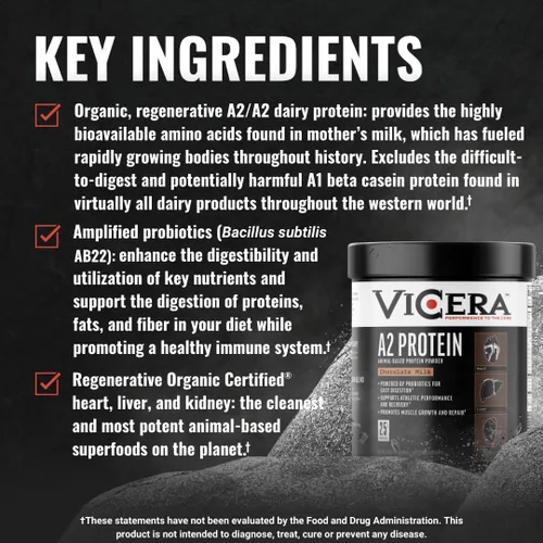 Vista 6 de VICERA A2 Polvo de Proteína, Leche de Chocolate, 25 G de Proteína por Porción, Mezcla Orgánica de A2/A2 de Suero y Caseína con Probióticos y Sal