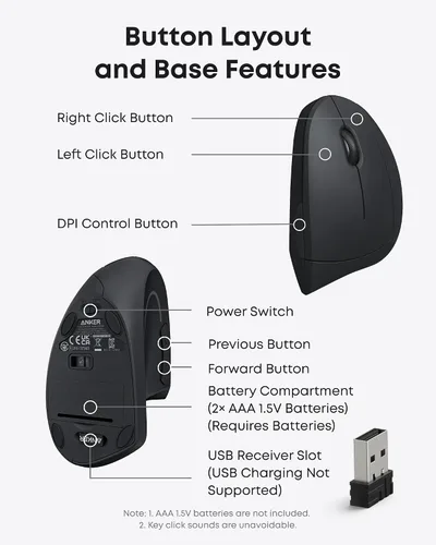 Vista 5 de Mouse óptico, ergonómico, vertical e inalámbrico 2.4G de Anker, modelos 800/1200/1600 ppp, con 5 botones y en color negro Multi-Device