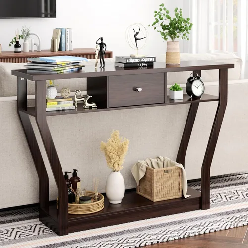 Vista 10 de BestComfort Mesa consola estrecha de 47 pulgadas con cajón, acento de entrada de madera de 3 niveles con estantes abiertos, mesa de sofá multiusos