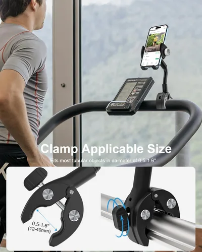 Vista 3 de Soporte de teléfono giratorio de cuello de cisne, soporte para teléfono celular, abrazadera de manillar de bicicleta estática para bicicleta