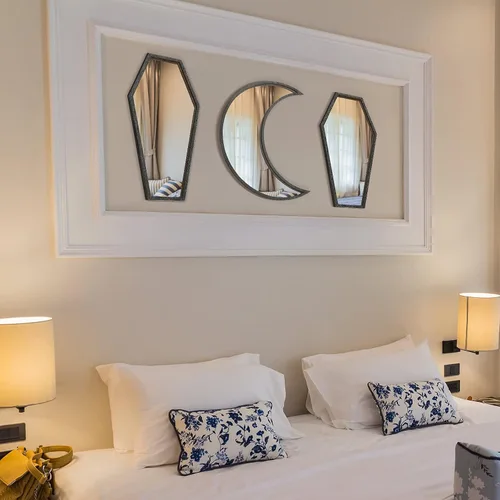Vista 7 de Marsui 2 piezas pequeño ataúd luna espejo lindo gótico decoración de habitación espeluznante espejo gótico decorativo rústico negro decoración
