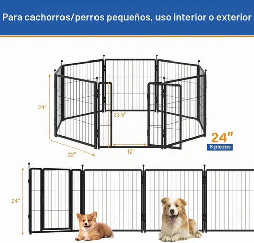 Vista 3 de Corralito para perros de 24 pulgadas, 8 paneles para uso en interiores y exteriores, valla de metal resistente para mascotas con estacas de tierra