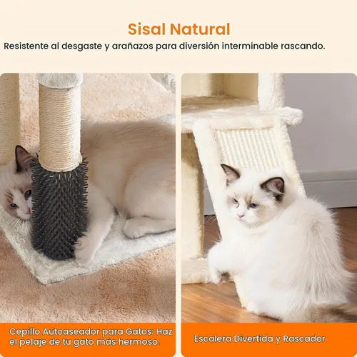 Vista 4 de Heybly - Árbol de gato con cepillo autolimpiante, torre de gato para interior con plataforma acolchada de felpa, casa de gato con cesta, poste